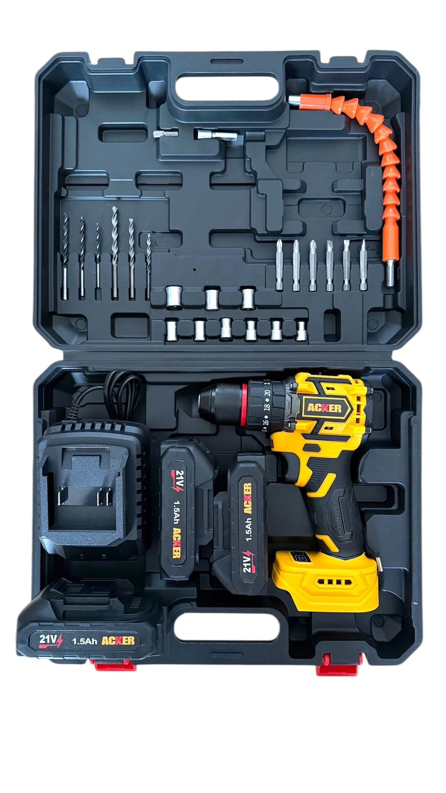 vista superior Taladro inalambrico acker tools con todos sus accesorios