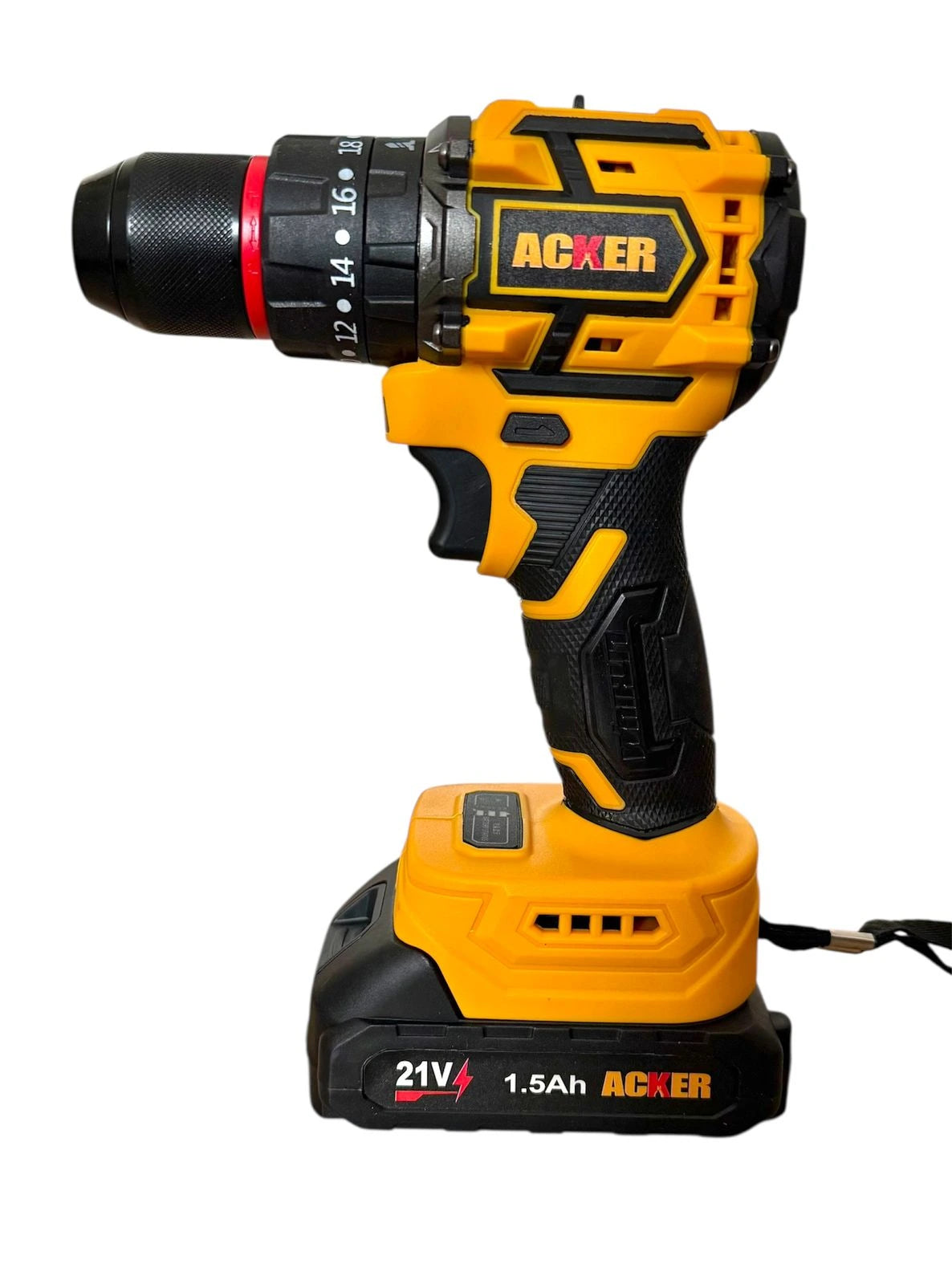 vista lateral ataladro inalambrico acker tools 21 volts 3 baterias