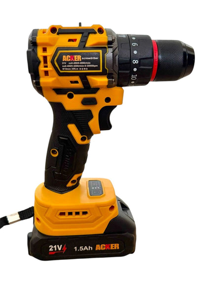 vista lateral Taladro inalmbrico acker tools 21 v 3 baterias
