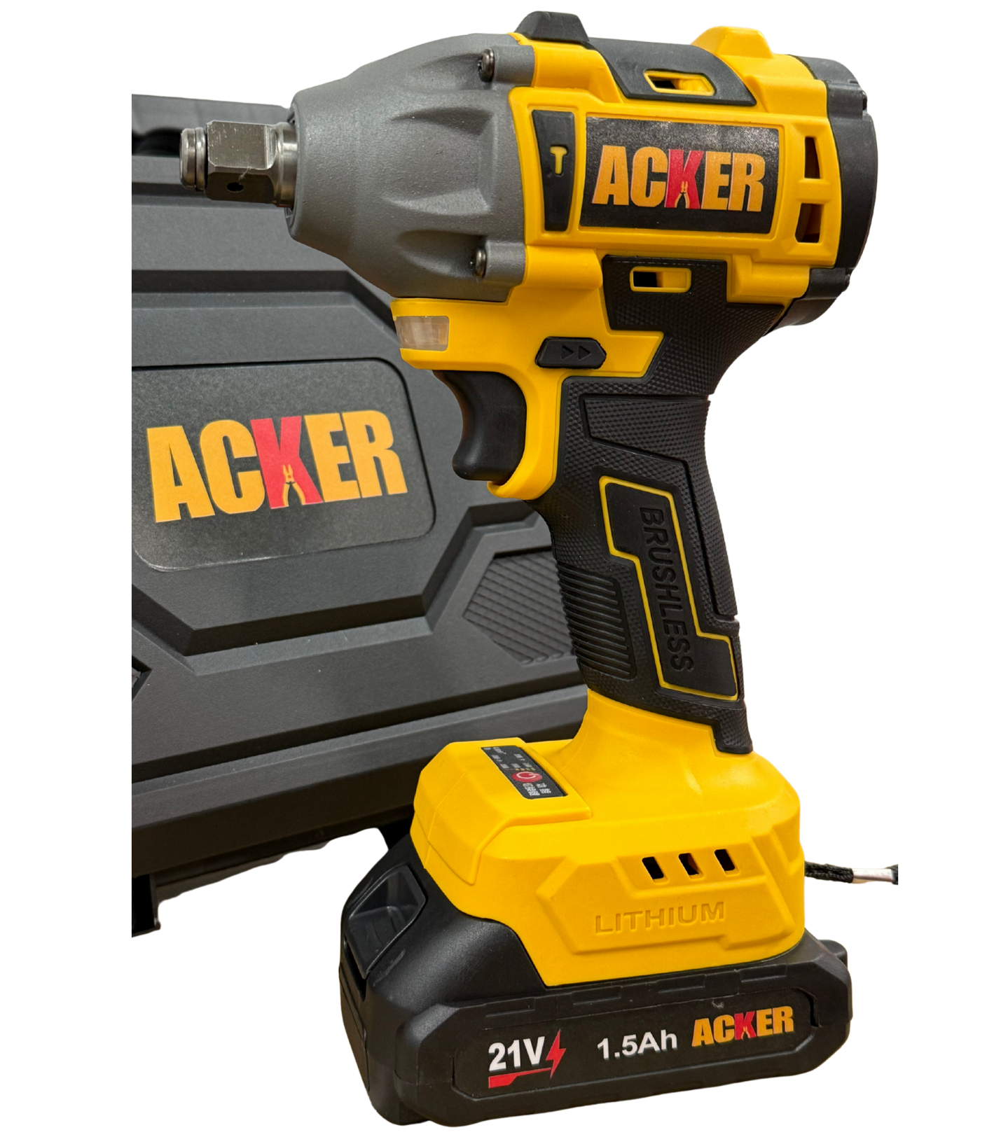 Primer plano de la llave de impacto Acker Tools 320Nm, destacando su diseño compacto, carcasa robusta y calidad de construcción.