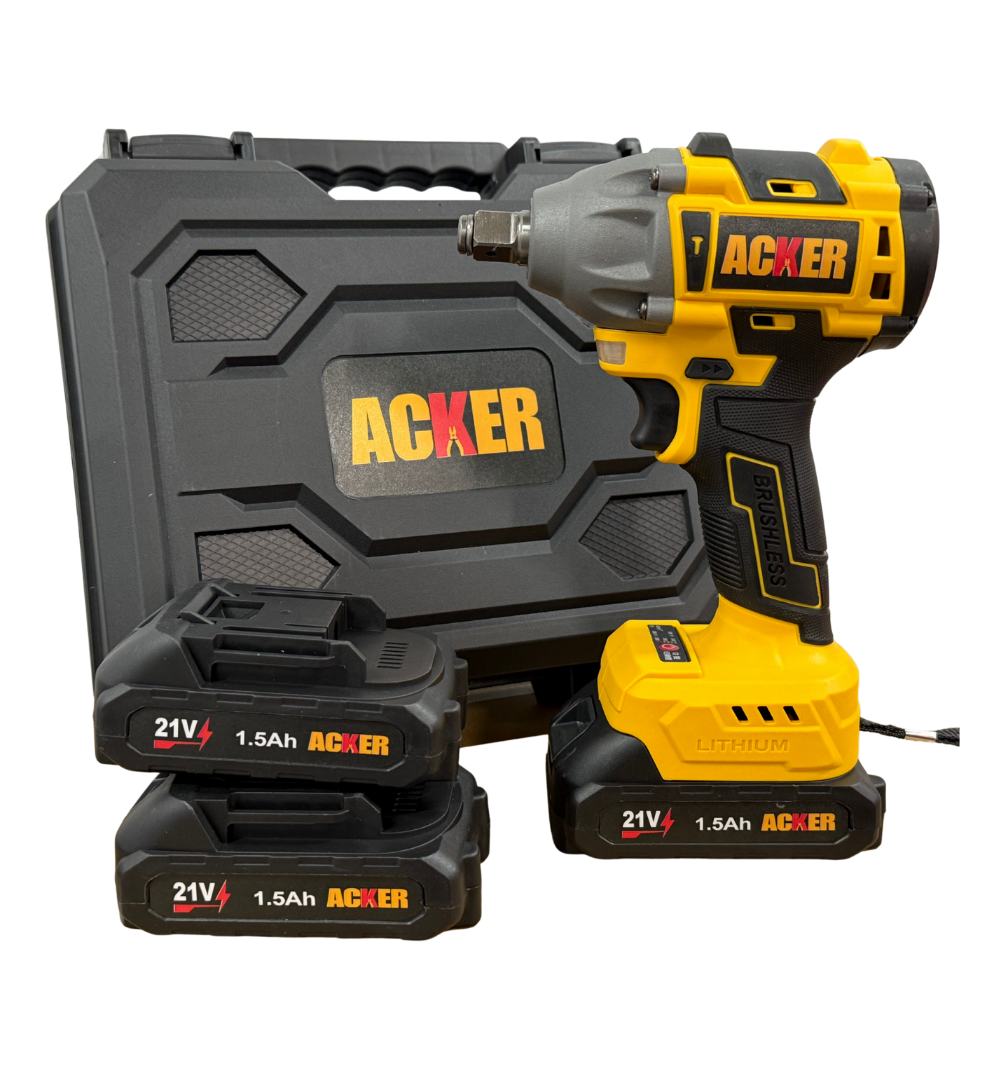 Llave de impacto inalámbrica Acker Tools 320Nm con 3 baterías de 21V 1.5Ah y cargador rápido, ideal para trabajos mecánicos y uso profesional.