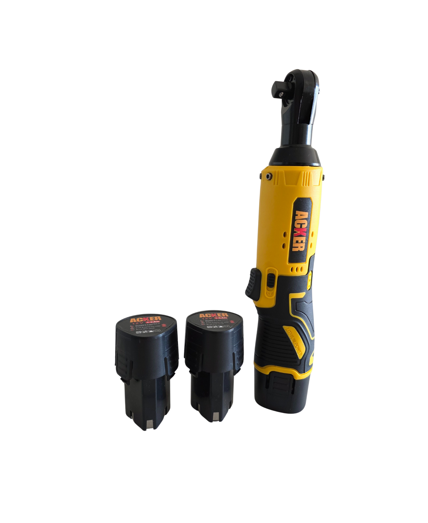 Llave de chicharra eléctrica Acker Tools 12V con torque de 80Nm y 3 baterías de litio recargables, ideal para trabajos en espacios reducidos.