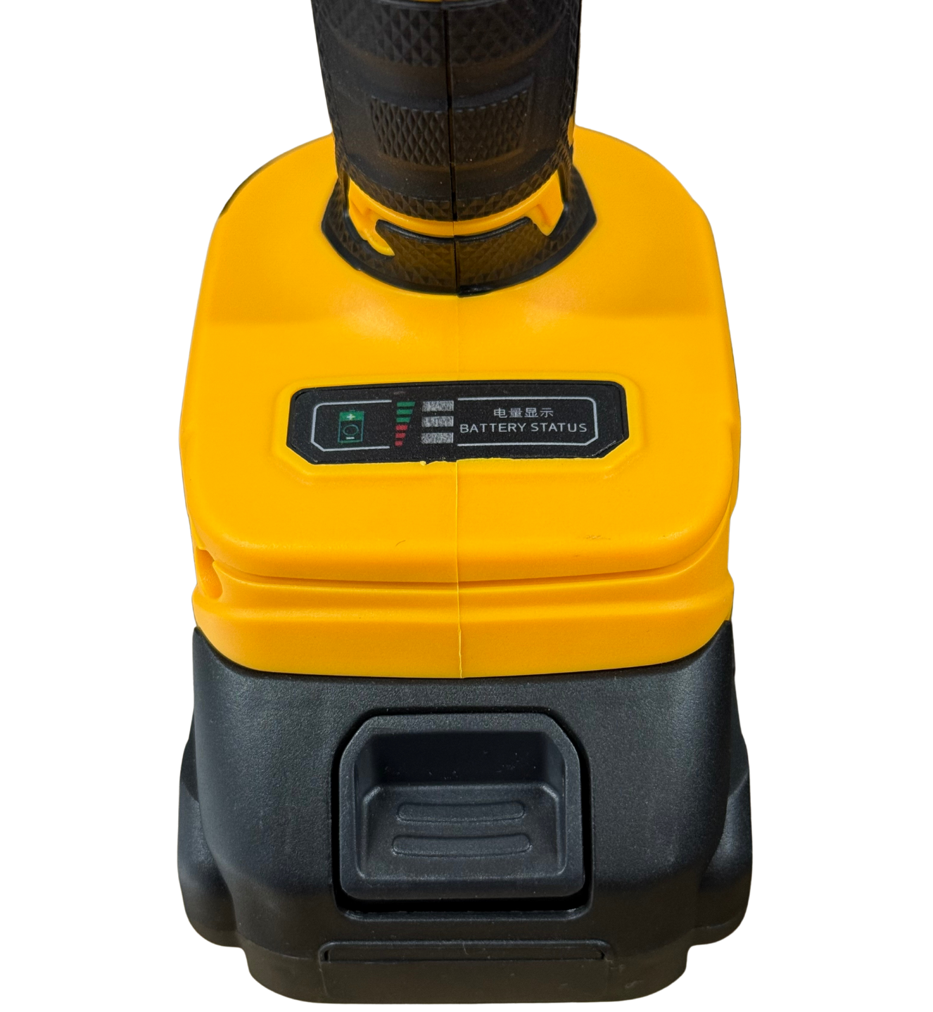 Vista frontal del taladro inalámbrico Acker Tools 21V, mostrando el selector de modos y la batería de litio conectada.