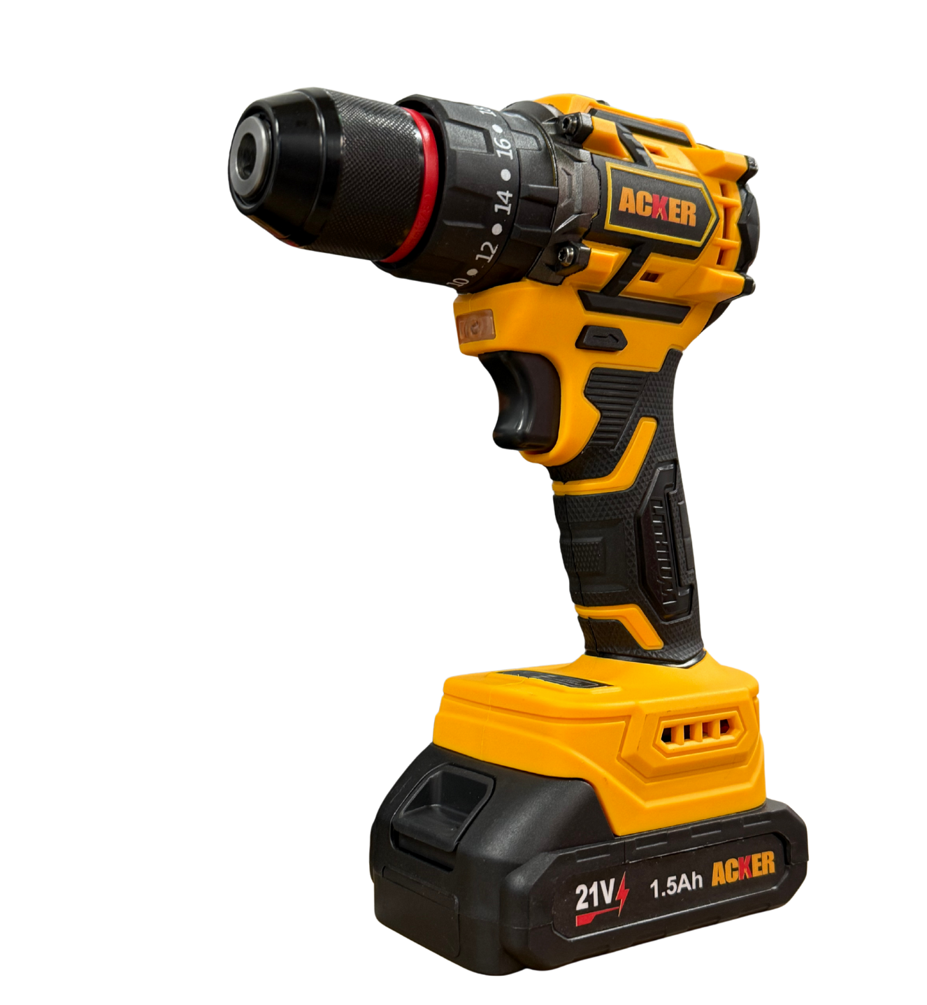 Vista lateral del taladro inalámbrico Acker Tools 21V, diseño ergonómico y compacto ideal para trabajos de perforación y atornillado.